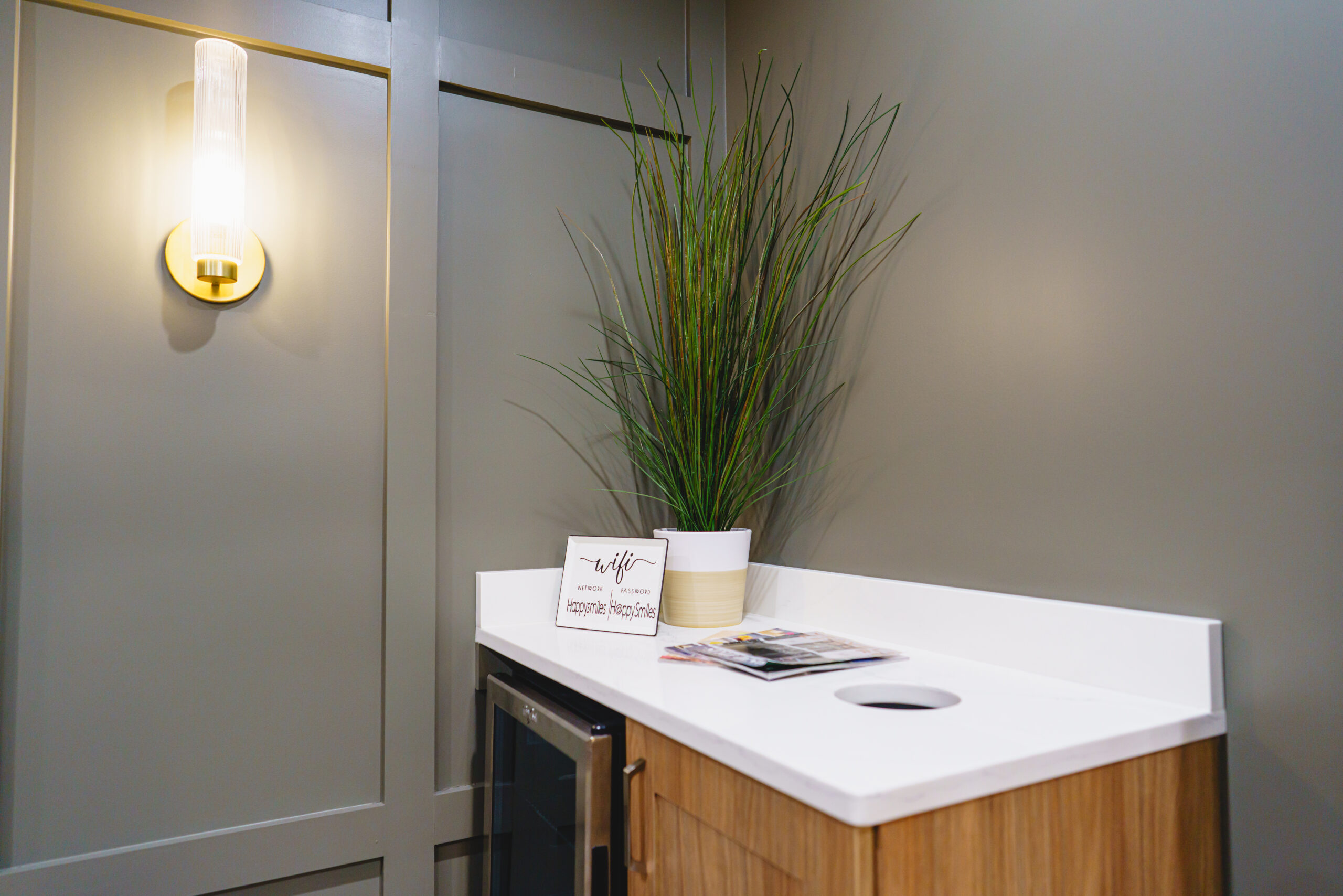 Fox Family Dentistry Modern Reception Corner 79834 Reception area with plant and magazines at Fox Family Dentistry in Springfield, VA